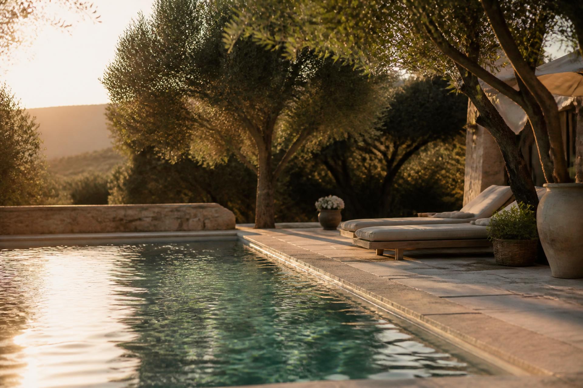 Piscine méditerranéenne dans le Var au coucher du soleil